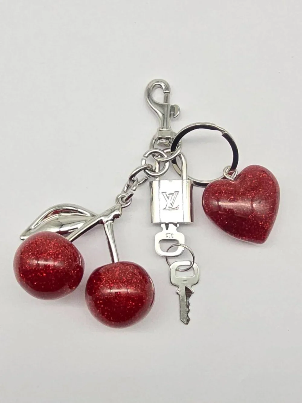 Authentic Louis Vuitton Silver Padlock with Unbranded Red Cherry Charm